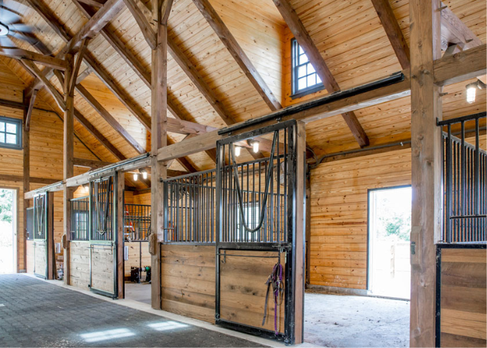 Spacious interior of horse barn with 4 open stalls in a line.